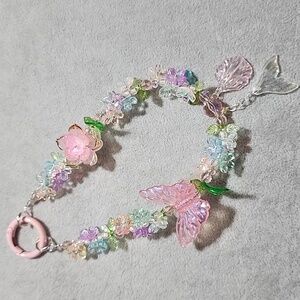 Floral Beaded Phone Bracelet/ Bag Charm with Pink and Green Accents
